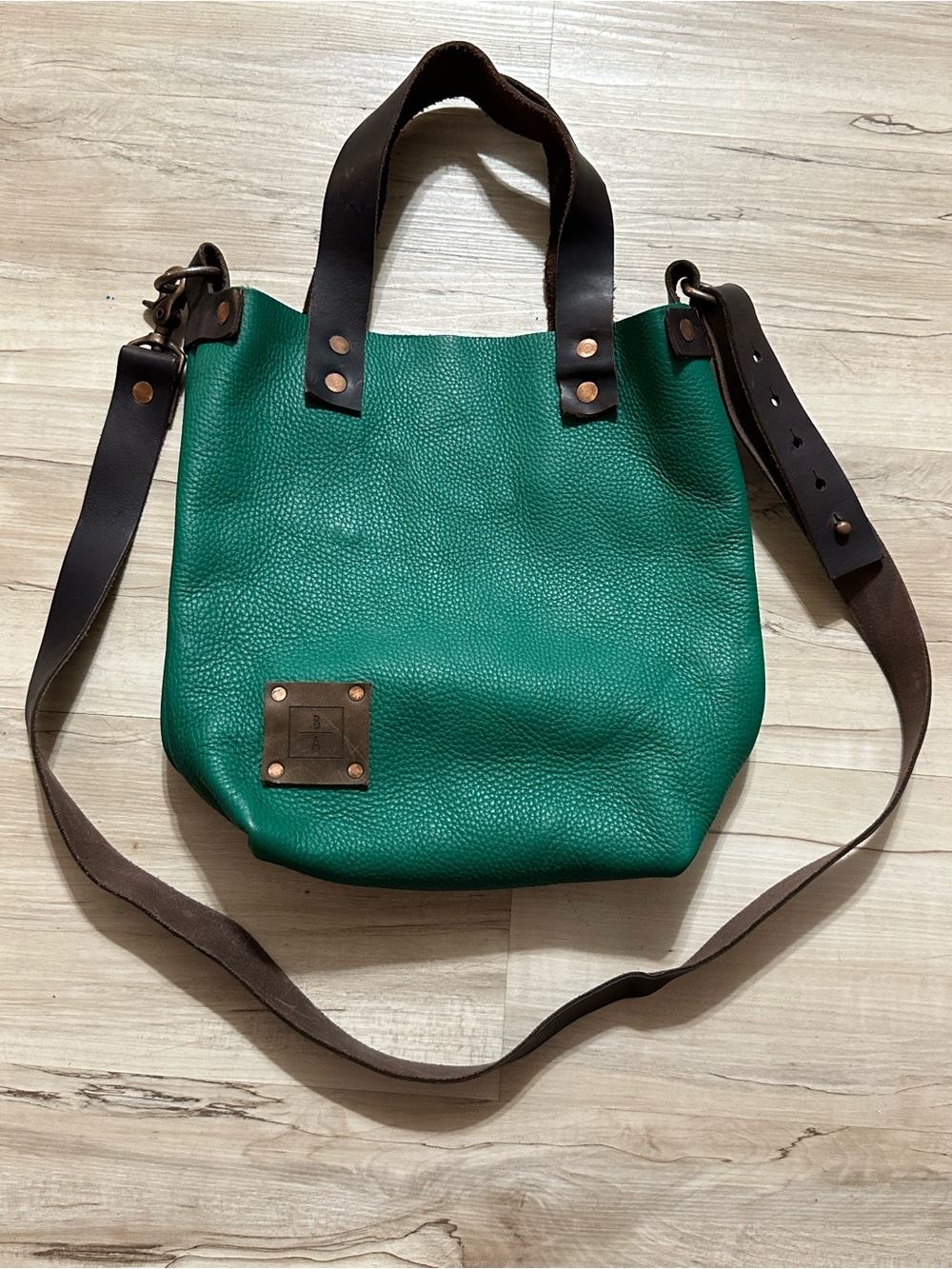 Bergamot + Amor Mini Woodstock Green Leather Satchel Tote with Dark Brown Straps